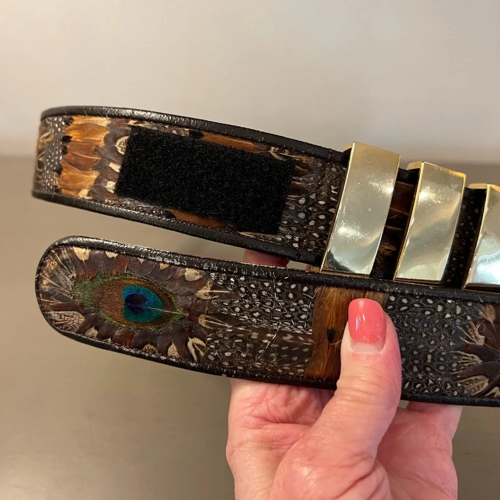 Vintage Guy Laroche Genuine Peacock Feather Belt Gold Hardware 40” Women’s XL